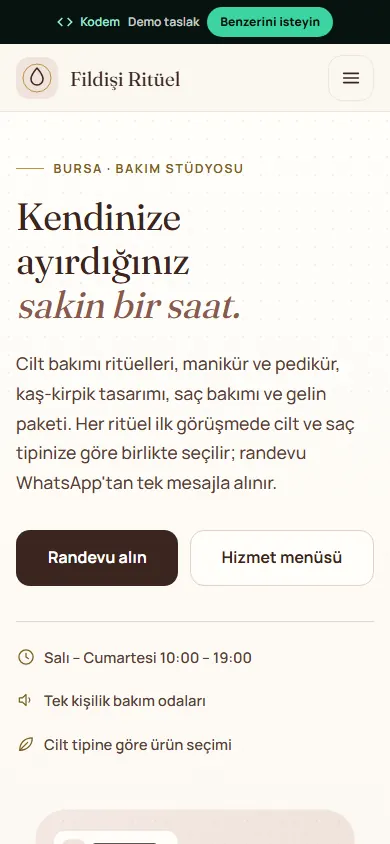 Fildişi Ritüel Bakım Stüdyosu örnek sitesi, mobil görünüm