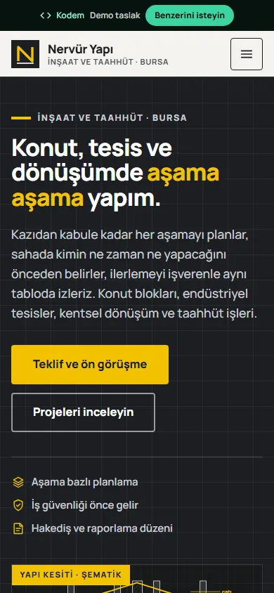 Nervür Yapı ve Taahhüt örnek sitesi, mobil görünüm