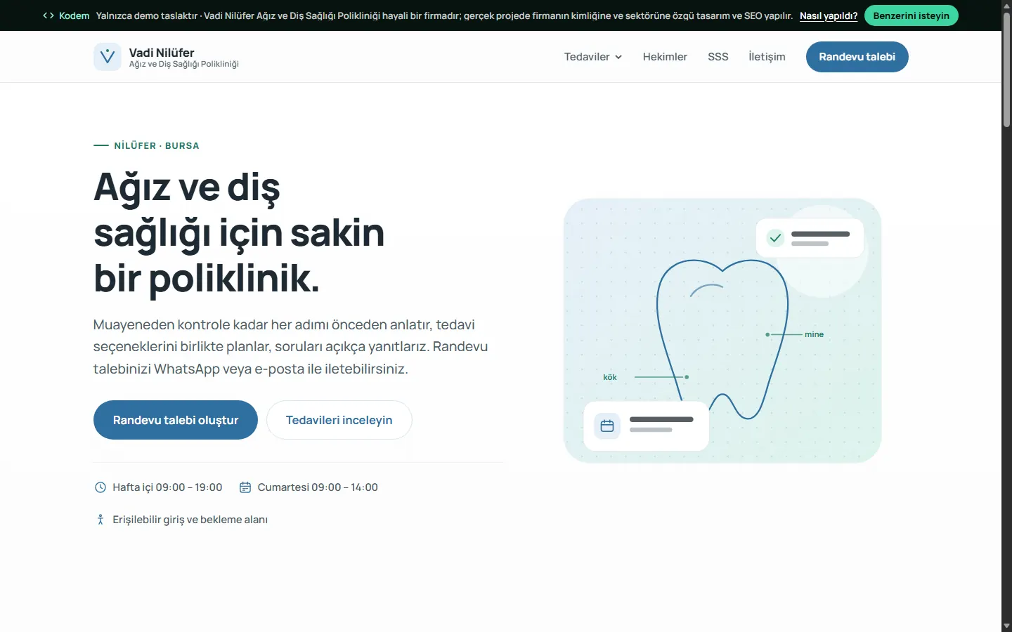 Vadi Nilüfer Ağız ve Diş Sağlığı Polikliniği örnek sitesi, masaüstü görünüm