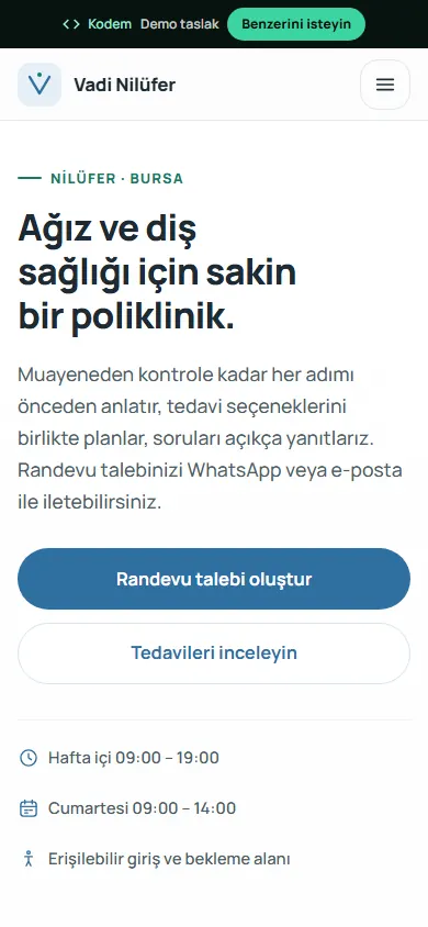 Vadi Nilüfer Ağız ve Diş Sağlığı Polikliniği örnek sitesi, mobil görünüm