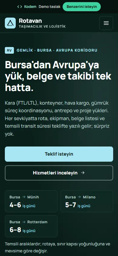 Rotavan Uluslararası Taşımacılık ve Lojistik örnek sitesi, mobil görünüm