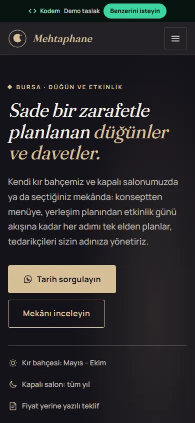 Mehtaphane Davet ve Organizasyon örnek sitesi, mobil görünüm