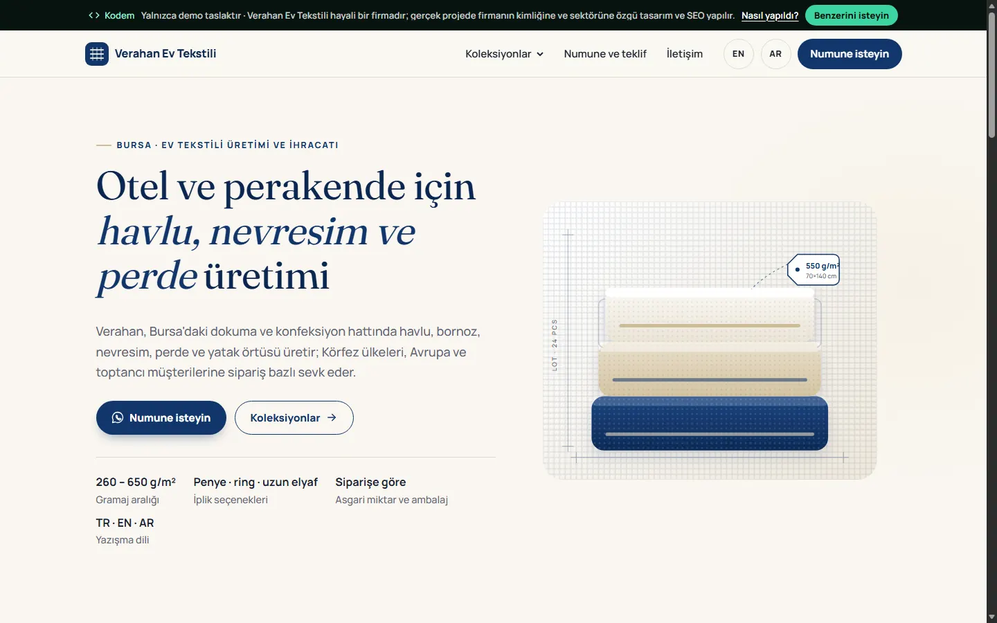 Verahan Ev Tekstili örnek sitesi, masaüstü görünüm